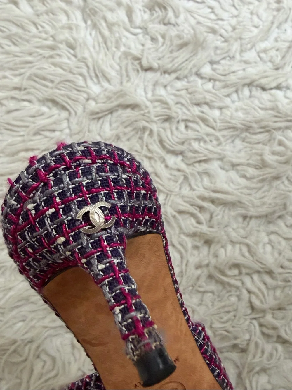 Chanel Tweed CC Logo Mule Heels